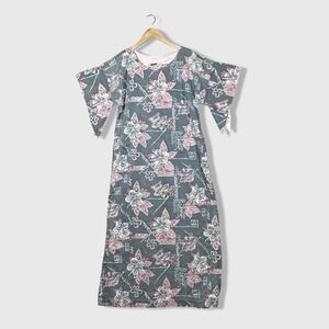 Vintage 50s Hoaloha Floral Maxi Dress Womens S Multicolor Kimono Sleeve Hawaiian